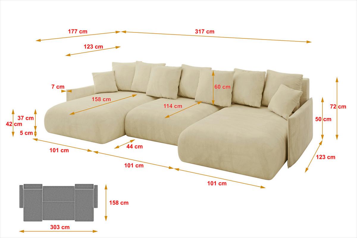WOHNLANDSCHAFT mit Schlaffunktion und Bettkasten ONESK-U-v1 317x177x72 Beige Velours - Taupe, Holzwerkstoff/Kunststoff (317/72/177cm) - ALTDECOR