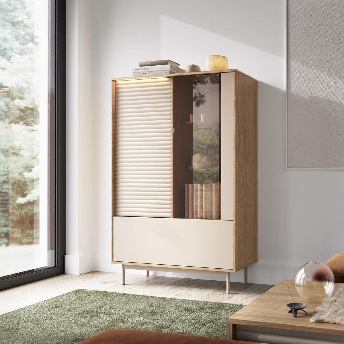 VITRINE Terra mit 3 Türen und LED-Beleuchtung, Kaschmir/geölte Eiche - Kaschmir, Holzwerkstoff/Metall (100/152/40cm) - Beautysofa