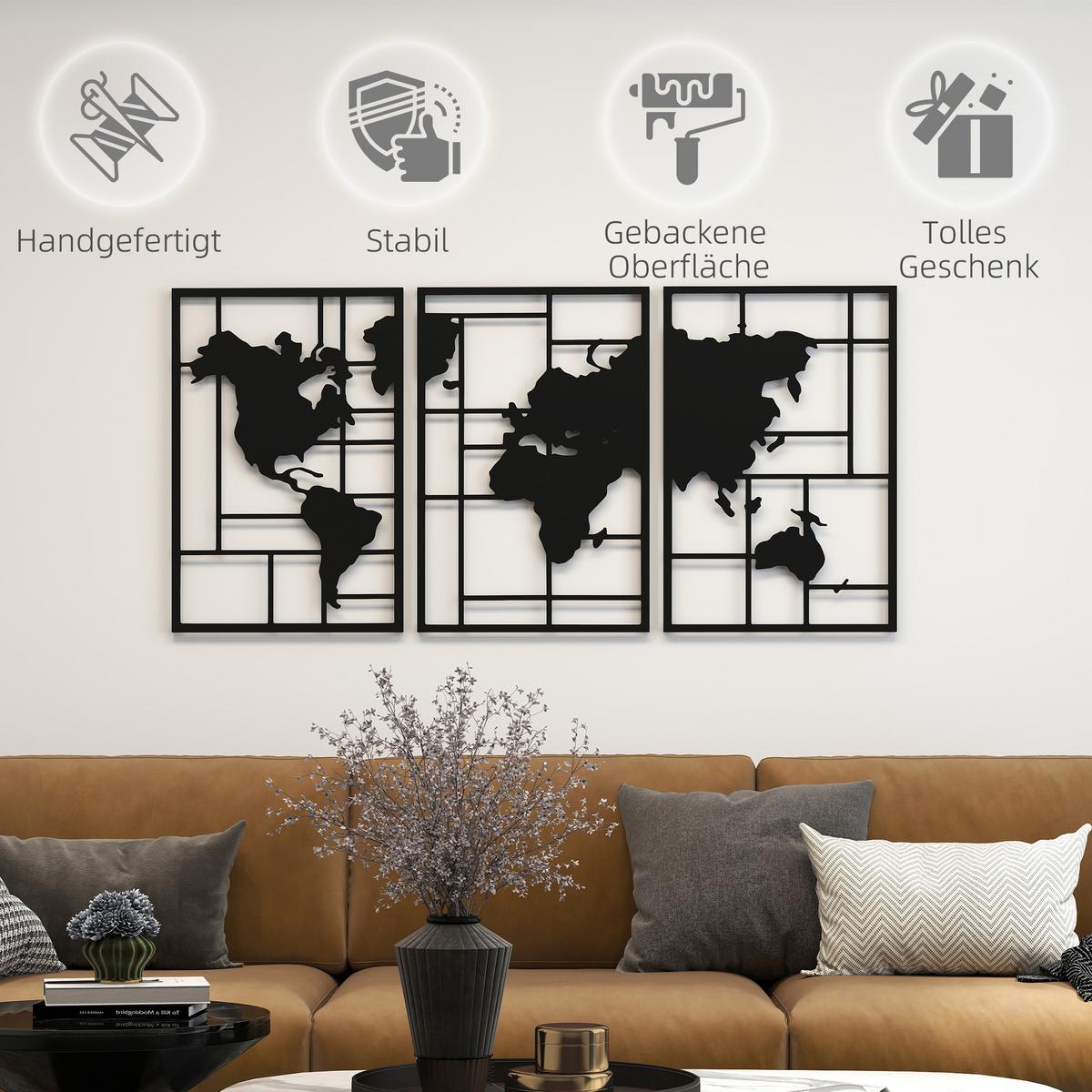 WANDDEKO Weltkarten Design, 50/80 cm - Schwarz, Metall (1.9/80/150cm) - HOMCOM