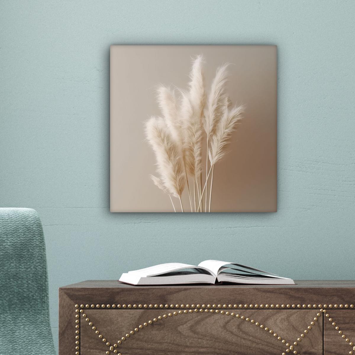 LEINWANDBILD Pampasgras - Federn - Pastell - Weiß Deko Wohnzimmer 20x20 cm - Naturfarben, Textil (20/20cm) - MuchoWow