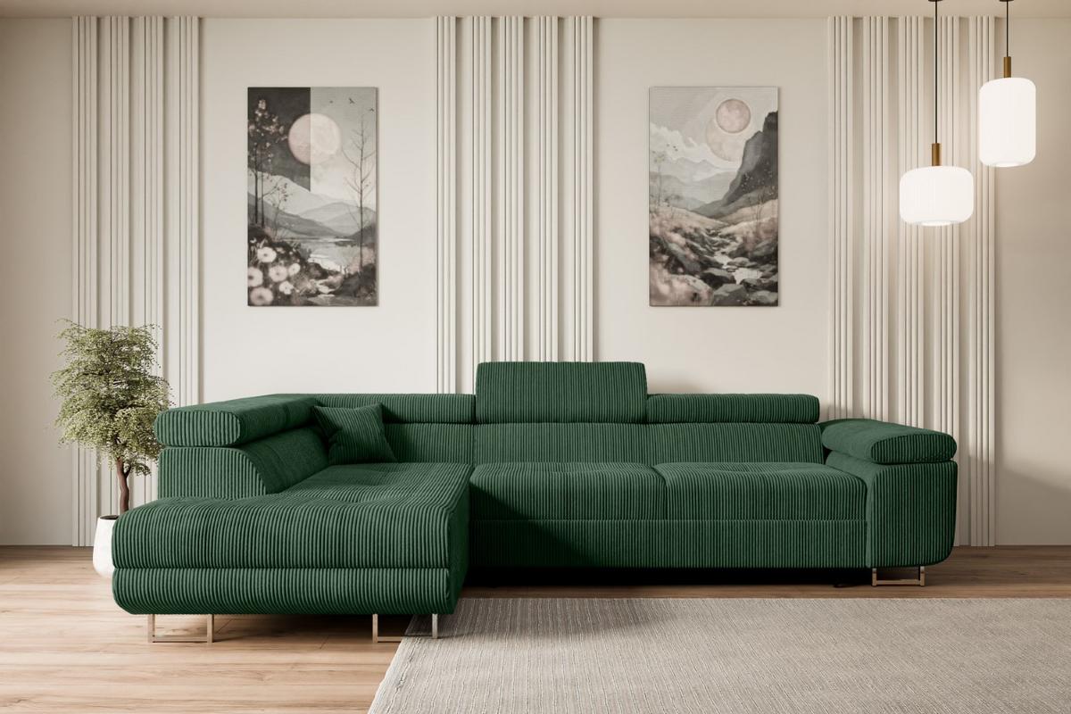 ECKSOFA mit Schlaffunktion und Bettkasten GUSA-L 272x202x107 cm Grün Cord - Silberfarben/Grün, Holzwerkstoff/Textil (202/272cm) - ALTDECOR