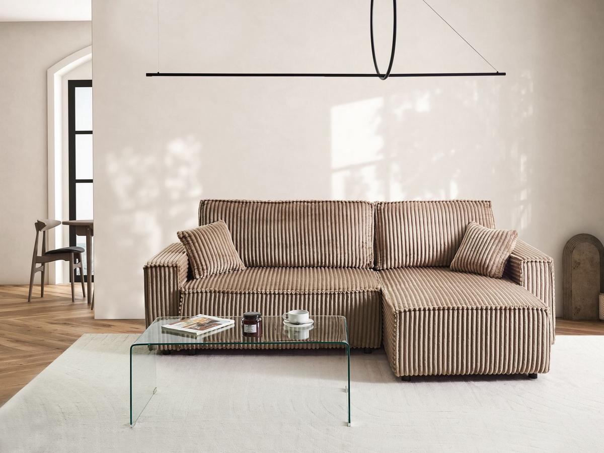 ECKSCHLAFSOFA 3-Sitzer Cord Hellbraun mit Stauraum linksseitig Abacka - Hellbraun, Textil (247/147cm) - Beliani