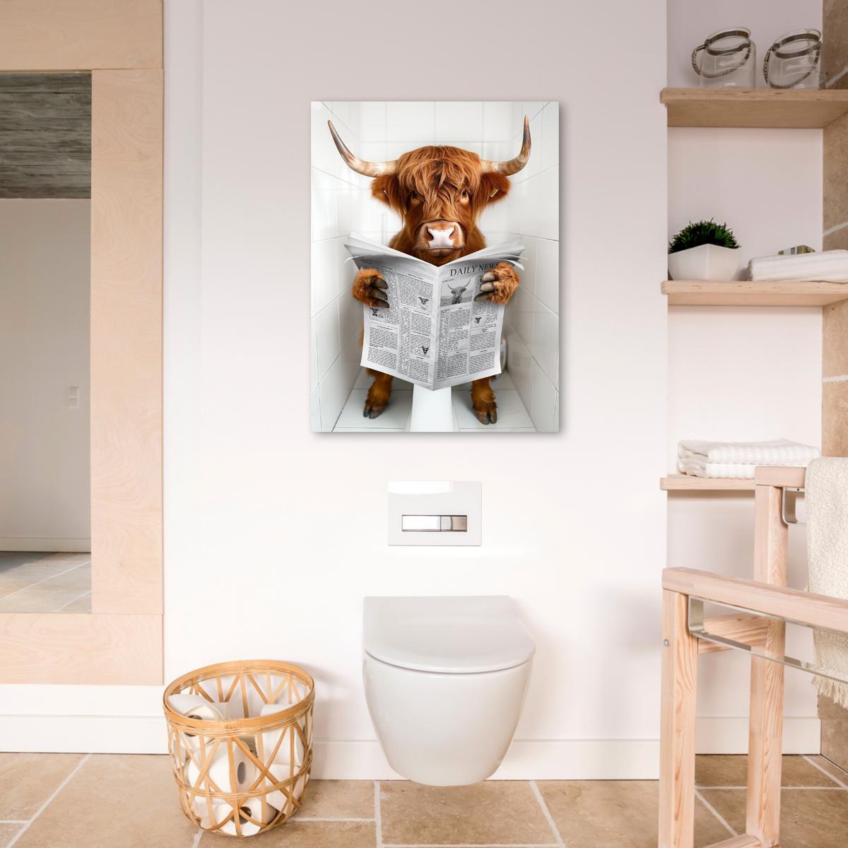 LEINWANDBILD Schottischer Highlander - Tier - Zeitung - Toilette Wandbild Wohnzimmer 50x70 cm - Kastanienfarben, Textil (50/70cm) - MuchoWow