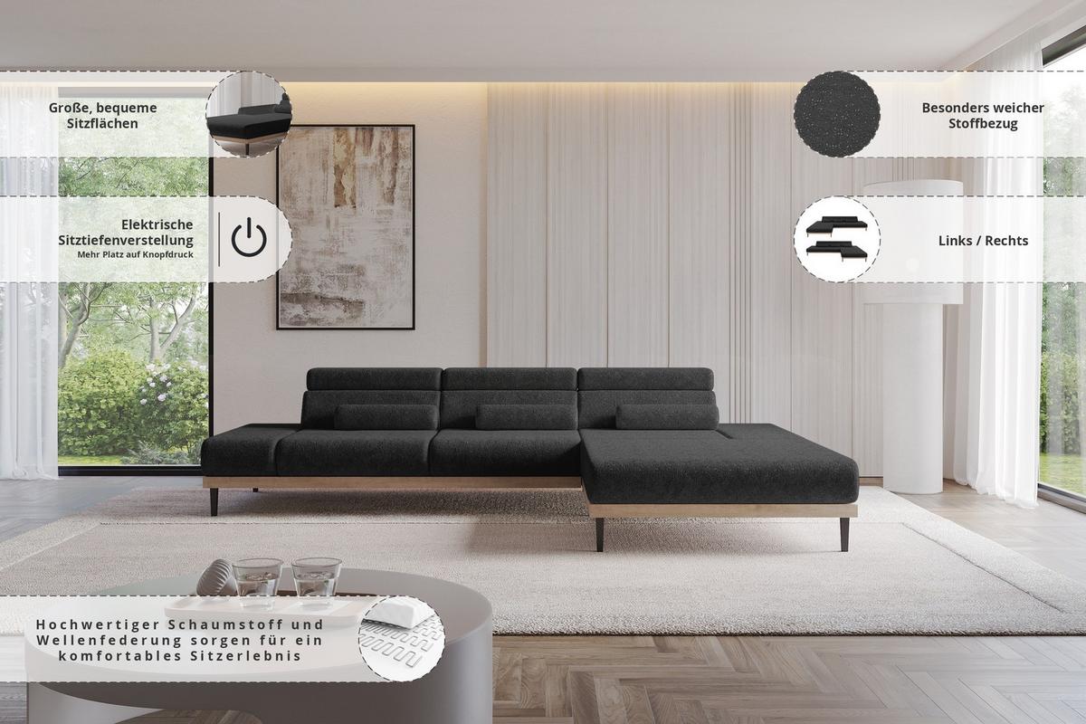 ELEKTRISCHES ECKSOFA Rechts MONA 316x205x85 Schwarz Velours - Schwarz, Holzwerkstoff/Textil (316/205cm) - ALTDECOR