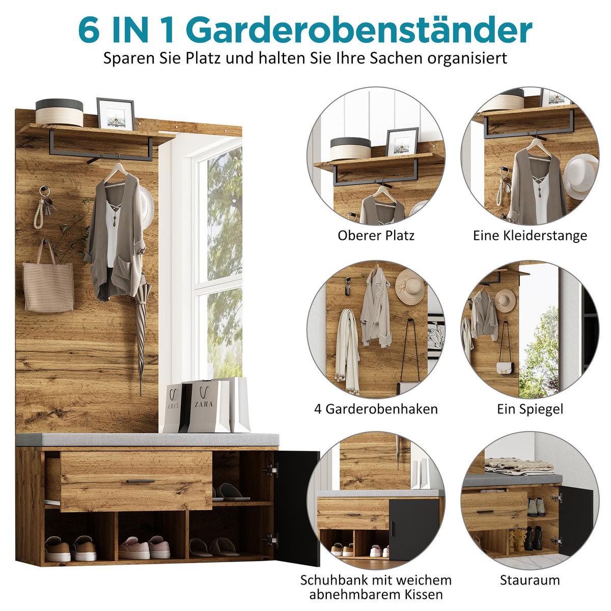 GARDEROBENSET Holzoptik Eiche mit Spiegel & Schuhbank - Eiche San Remo, Holzwerkstoff (104/190/39cm) - Urban Meuble