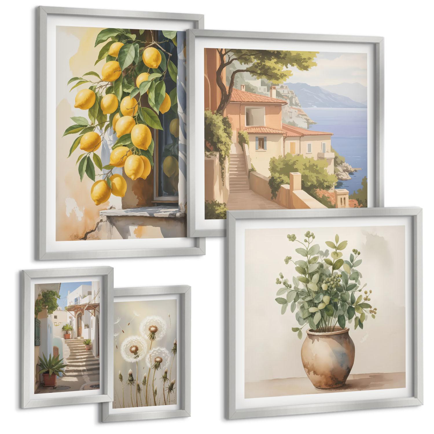 BILDER SET 5er Set - 50x50 cm & 20x30 cm & 40x60 cm Silberner Rahmen - Lemon Streets Meerblick - Silberfarben, Kunststoff (40/60cm) - TULUP