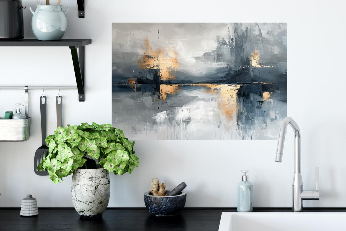 WANDTATTOO Kunst - Grau - Gold - Abstrakt Deko Wohnzimmer 60x40 cm - Dunkelgrau, Kunststoff (60/40/0.1cm) - MuchoWow