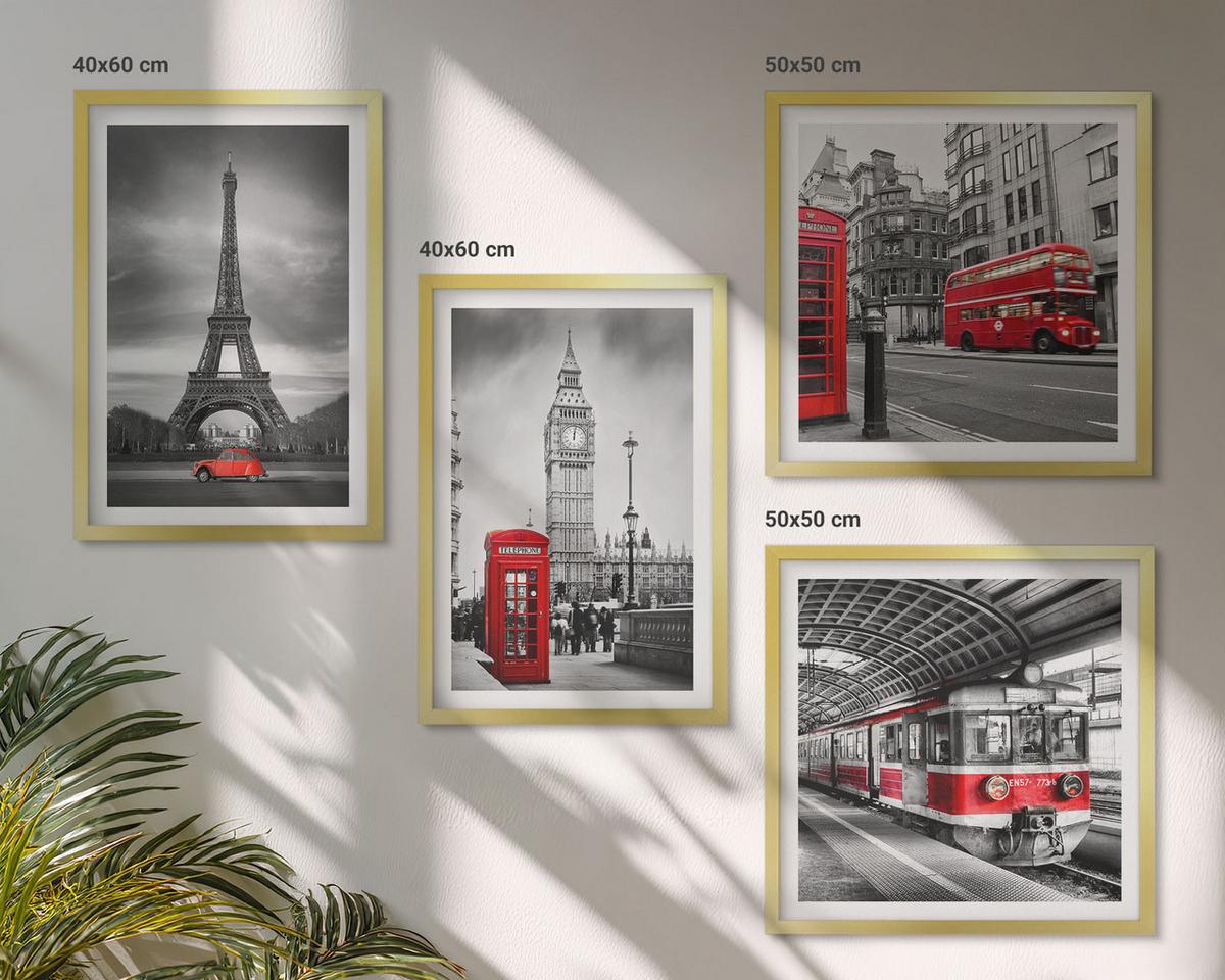 BILDER SET 4er Set - 50x50 cm & 40x60 cm Goldrahmen - Rote Busse in der Stadt - Goldfarben, Kunststoff (50/50cm) - TULUP
