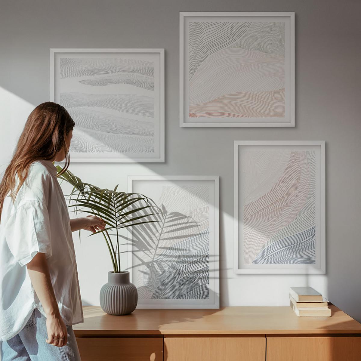 BILDER SET 4er Set - 50x50 cm & 40x60 cm Weißer Rahmen - Abstrakte Pastellwellen - Weiß, Kunststoff (50/50cm) - TULUP