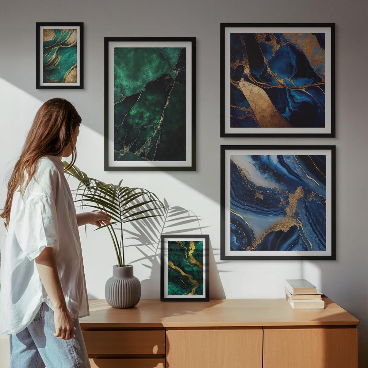 BILDER SET 5er Set - 50x50 cm & 20x30 cm & 40x60 cm Schwarzer Rahmen - Blumen, heller Hintergrund, Marmormuster - Schwarz, Kunststoff (40/60cm) - TULUP