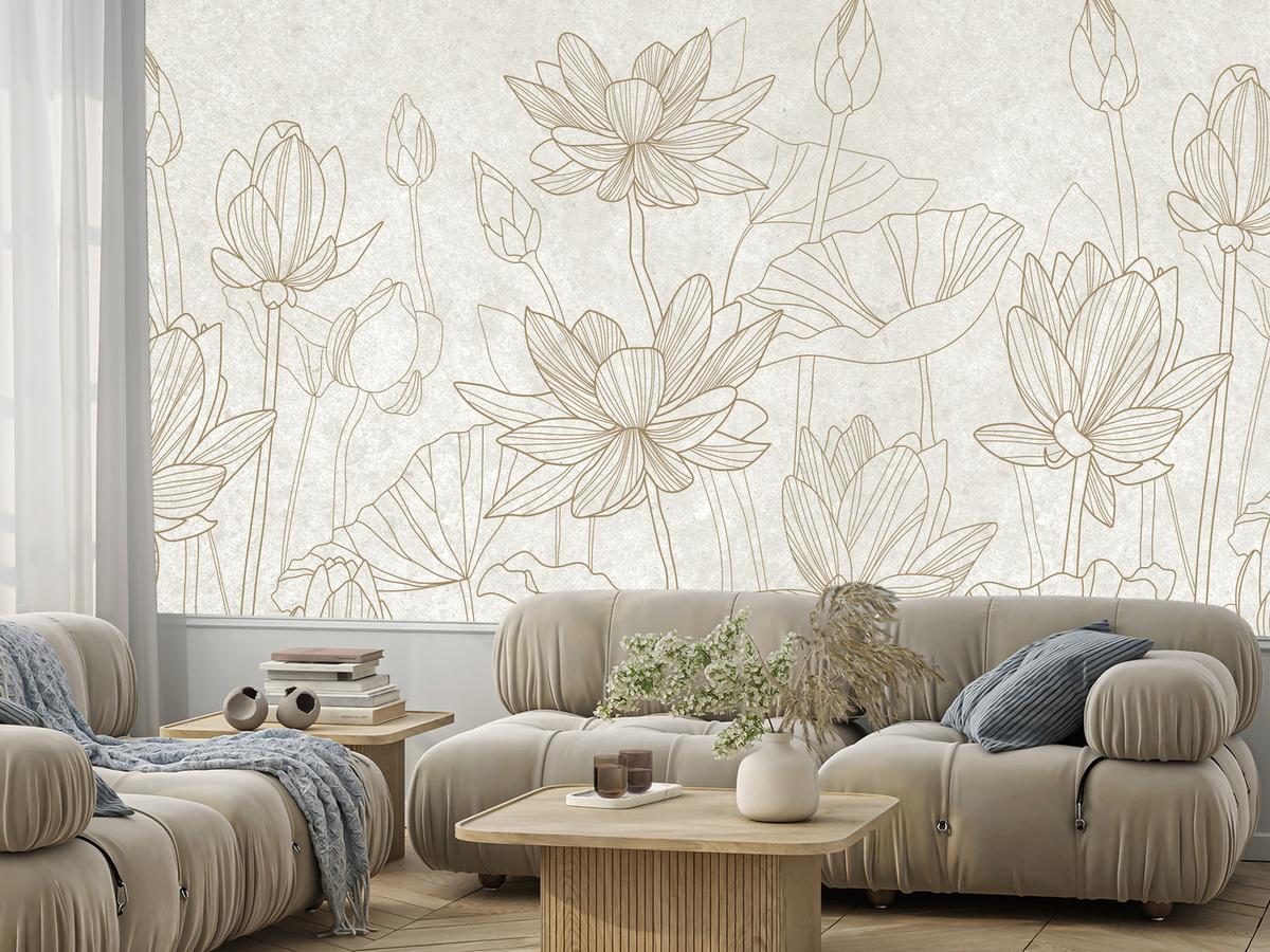 FOTOTAPETE für Wohnzimmer Linienzeichnung Blumen Pflanzen Natur 100x70 - Beige, Papier (100/70cm) - Muralo