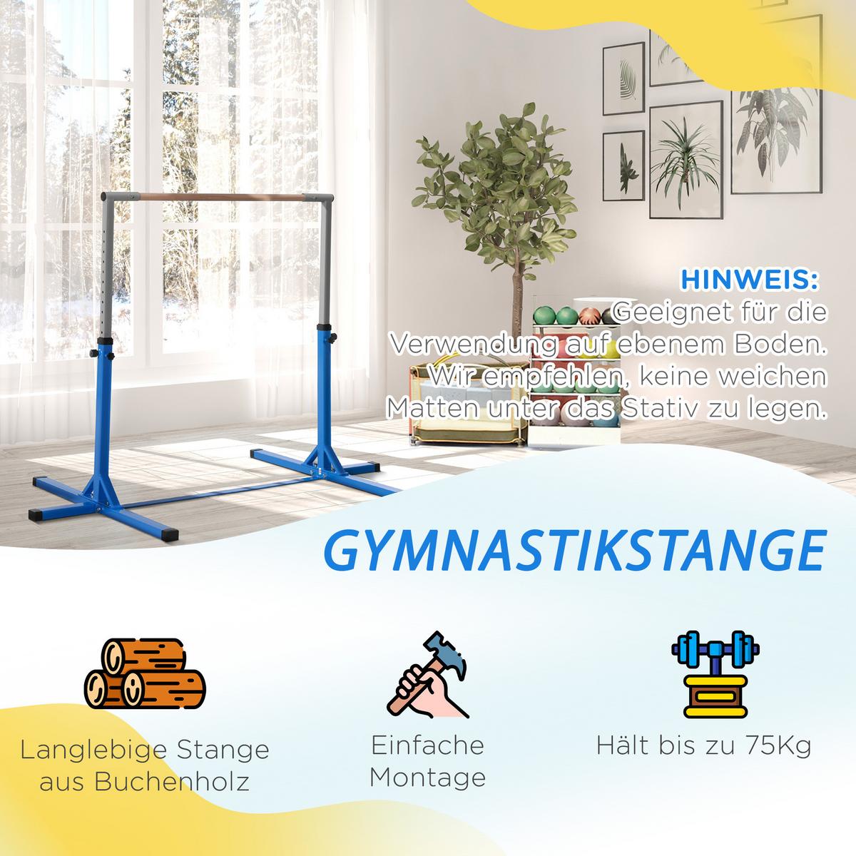 GYMNASTIK Turnreck Reckstange Turnstangen 13-stufige höhenverstellbar Blau - Blau, Metall (121/194cm) - HOMCOM