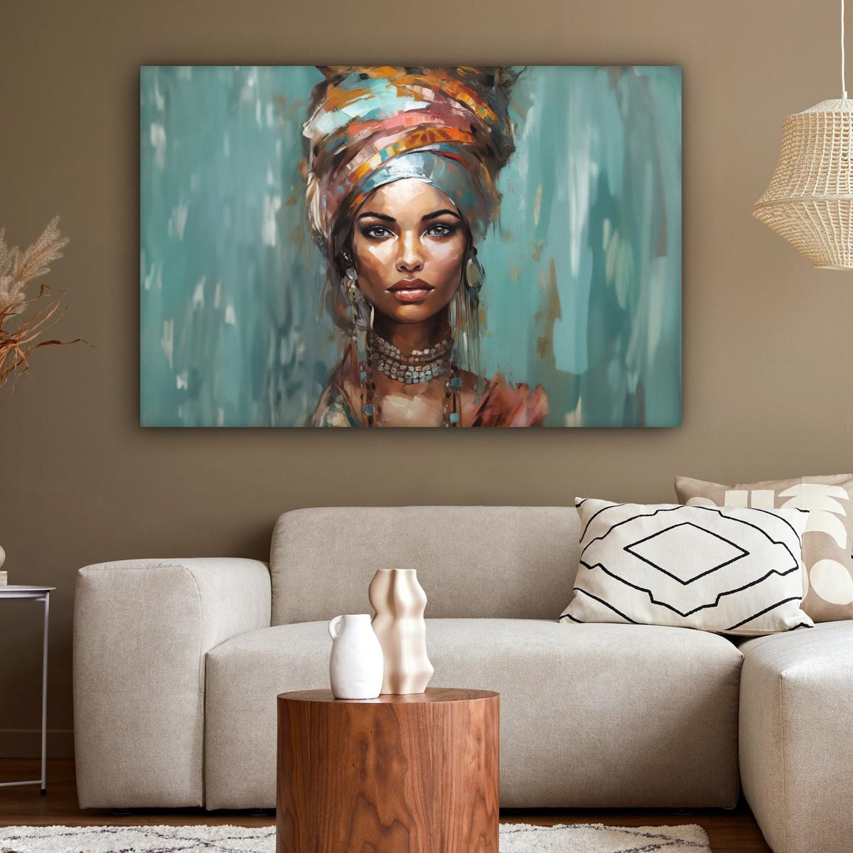LEINWANDBILD Frau - Kunst - Schmuck - Porträt XXL 150x100 cm - Blaugrau, Textil (150/100cm) - MuchoWow