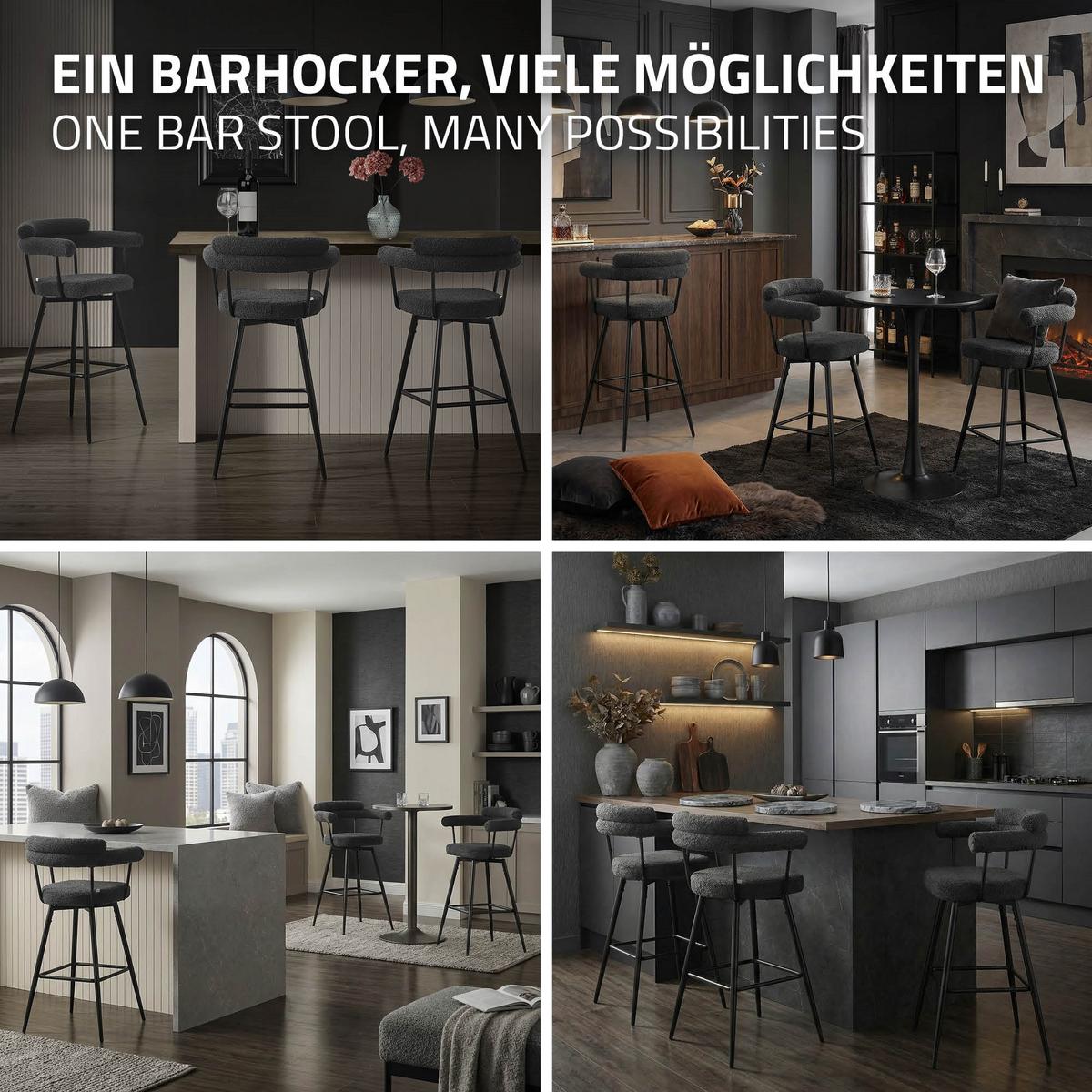 BARHOCKER 2er Set drehbar Dunkelgrau mit Teddy-Stoff 76 cm hoch - Dunkelgrau/Schwarz, Textil/Metall (61/103/55cm) - ML-DESIGN
