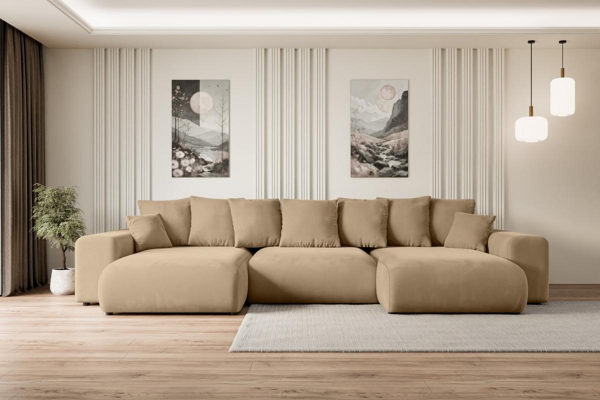 WOHNLANDSCHAFT mit Schlaffunktion ESKAR-U -364x176x84cm Beige Velours - Beige/Schwarz, Holzwerkstoff/Kunststoff (364/72/176cm) - ALTDECOR