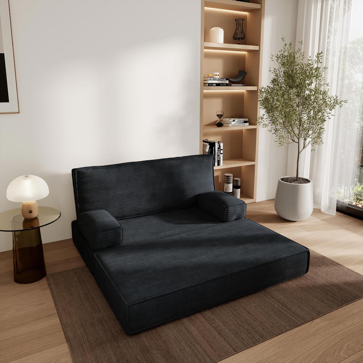 BETTSOFA LADIA aus Schaumstoff Kordstoff Schwarz Schlaffunktion - Schwarz, Textil (140/86/60cm) - MASSENO
