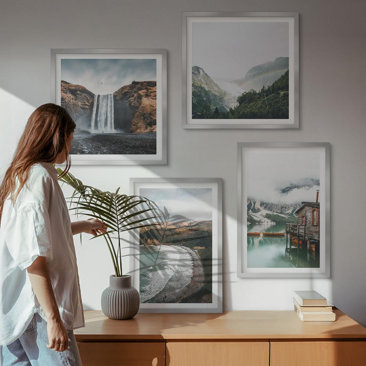 BILDER SET 4er Set - 50x50 cm & 40x60 cm Silberner Rahmen - Bergstrände Wolken Wasser - Silberfarben, Kunststoff (50/50cm) - TULUP