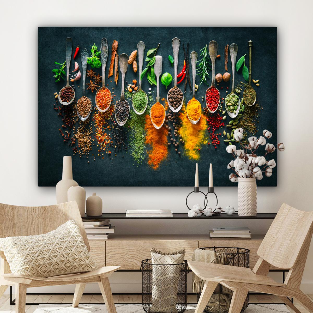 LEINWANDBILD Kräuter - Gewürze - Löffel Groß 140x90 cm - Currygelb, Textil (140/90cm) - MuchoWow