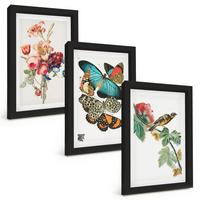 BILDER SET 3er Set - 20x30 cm Schwarzer Rahmen - Blumen, Schmetterlinge, Vögel, Pastellfarben - Schwarz, Kunststoff (20/30cm) - TULUP