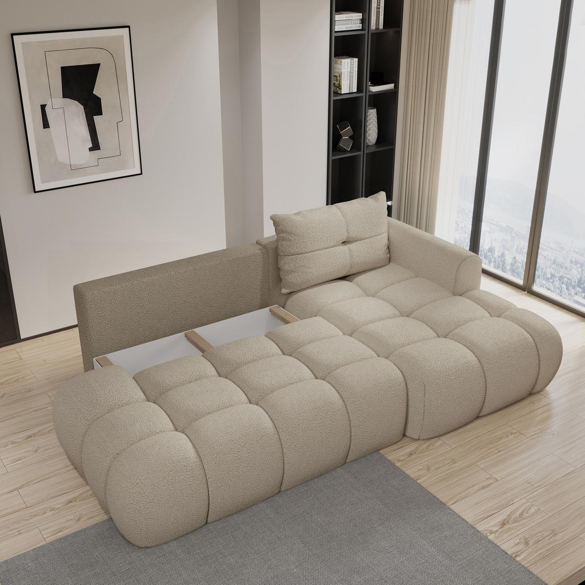ECKSOFA FLUMA R-S Beige Boucle-Stoff mit Schlaffunktion - Beige, Holz (279/158cm) - MASSENO