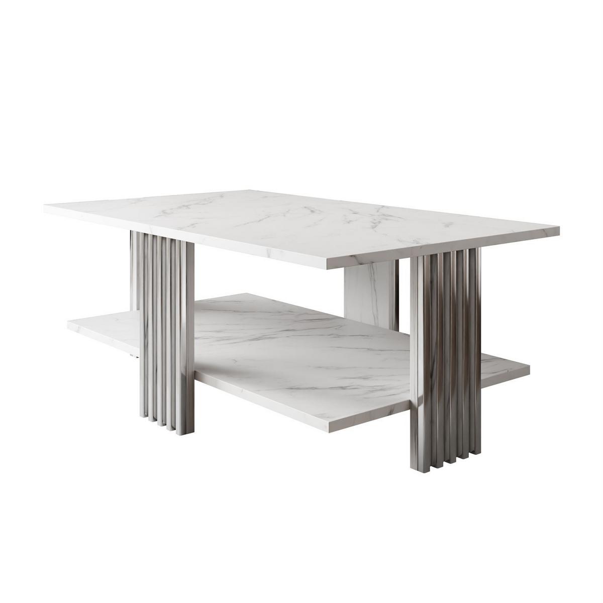 COUCHTISCH SAPHIRA SILVER mit Ablageboden, Weißer Marmor - Weiß, Holzwerkstoff (60/100/40cm) - Lookway