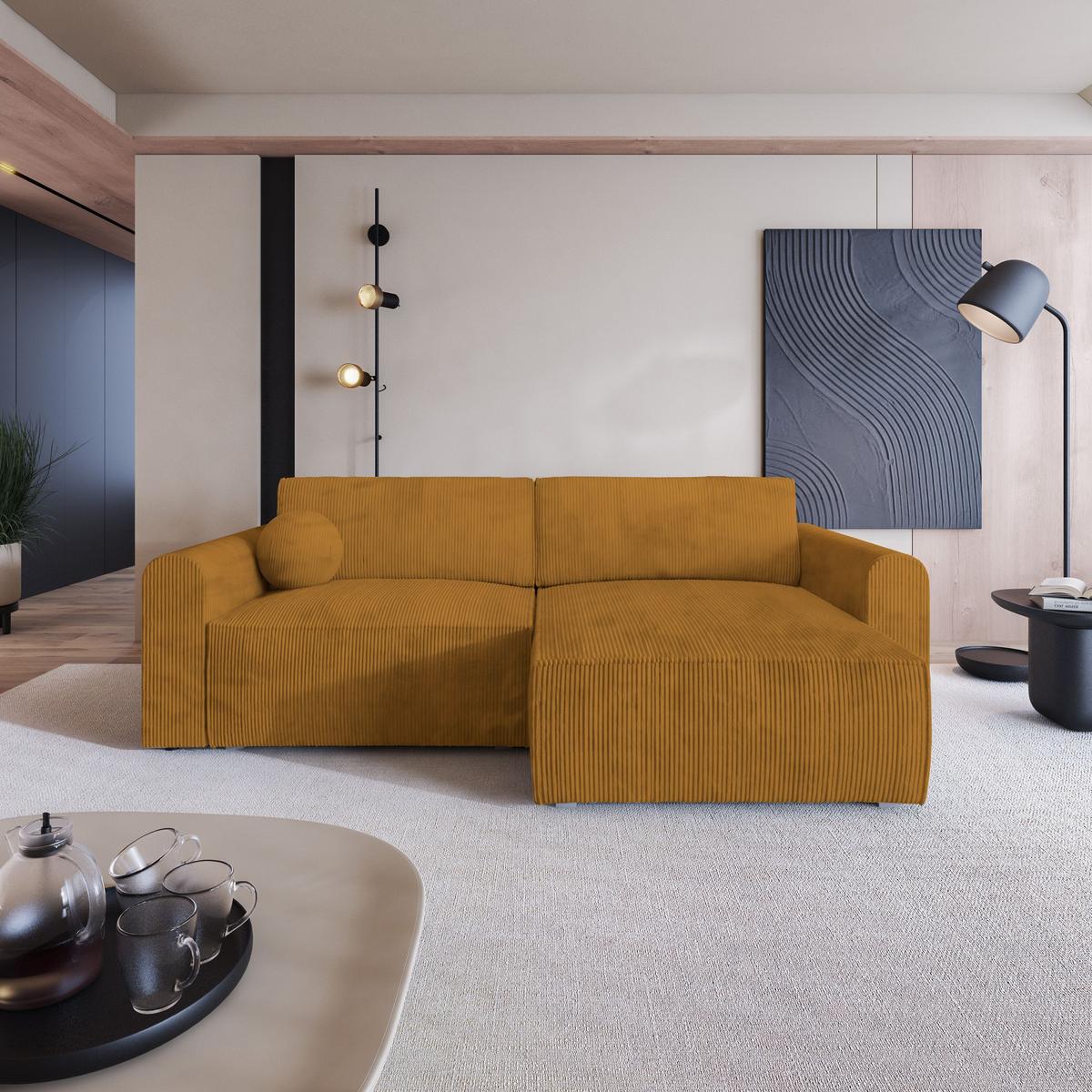 ECKSOFA FIANO P Gelb Kordstoff mit Schlaffunktion - Gelb/Grau, Holz/Kunststoff (245/148cm) - MASSENO