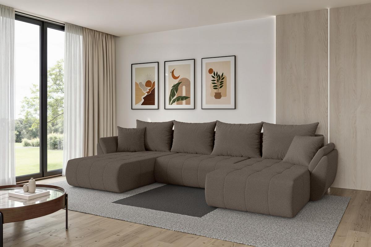 WOHNLANDSCHAFT mit Schlaffunktion und Bettkasten TOKO-U 378x194x86 Braun Bouclé - Schwarz/Braun, Holzwerkstoff/Kunststoff (378/86/194cm) - ALTDECOR