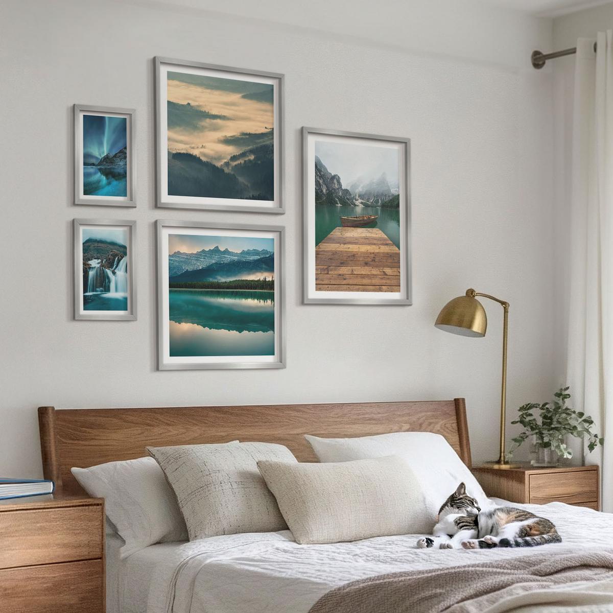 BILDER SET 5er Set - 50x50 cm & 20x30 cm & 40x60 cm Silberner Rahmen - Abstrakte Monstera-Palmenblätter - Silberfarben, Kunststoff (40/60cm) - TULUP