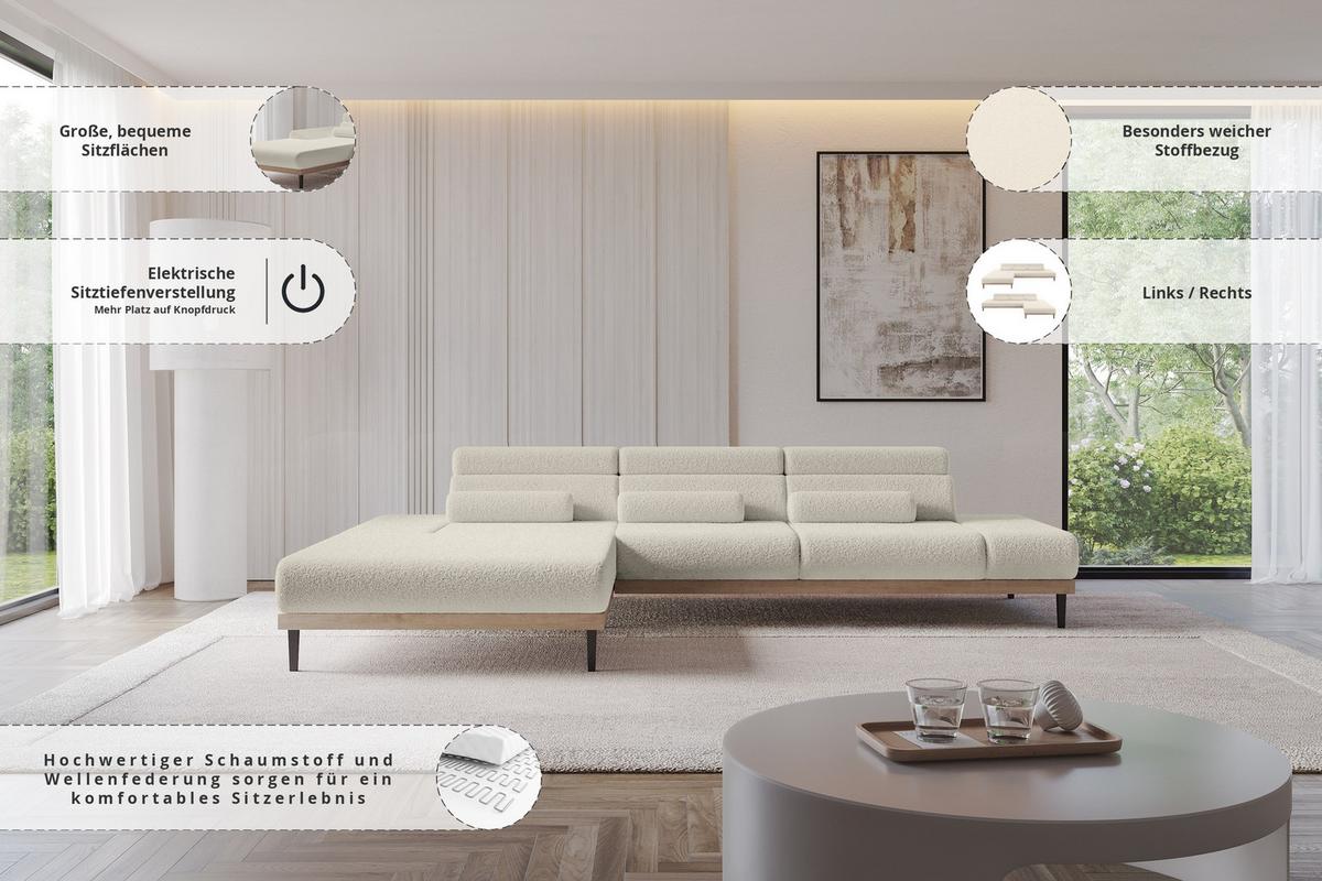 ELEKTRISCHES ECKSOFA Links MONA 316x205x85 Beige Bouclé - Greige/Beige, Holzwerkstoff/Textil (316/205cm) - ALTDECOR