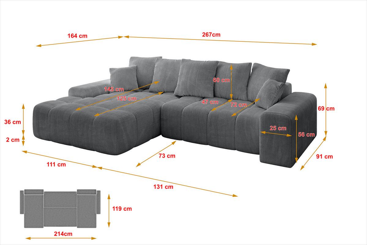 ECKSOFA Ottomane Links ENSI-L - 267x164x69 cm Dunkelgrau - Dunkelgrau, Holzwerkstoff/Kunststoff (267/164cm) - ALTDECOR