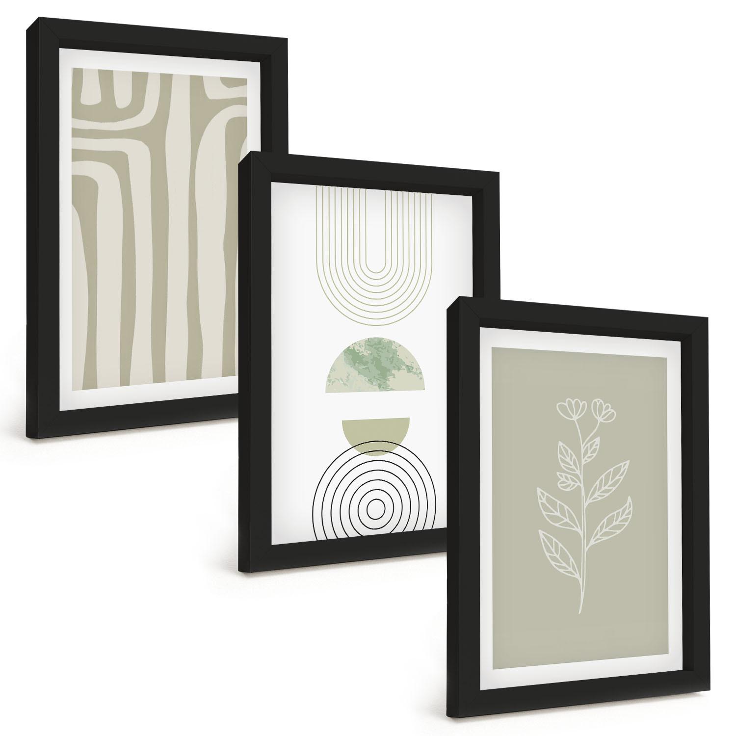 BILDER SET 3er Set - 20x30 cm Schwarzer Rahmen - Geometrische Pflanzenmuster - Schwarz, Kunststoff (20/30cm) - TULUP