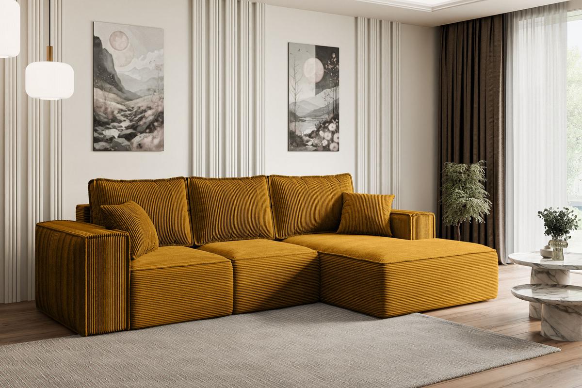 ECKSOFA mit Schlaffunktion und Bettkasten SERRA-L-S - 266x161x87 cm Senfgelb Cord - Currygelb/Schwarz, Holzwerkstoff/Kunststoff (266/161cm) - ALTDECOR