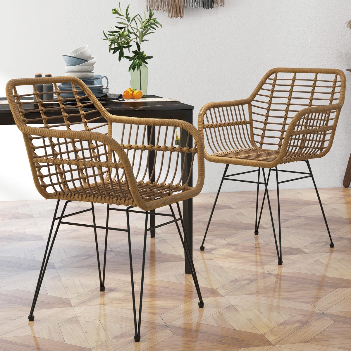 ESSZIMMERSTÜHLE 2er Set Essstuhl mit Rückenlehne Küchenstühle mit Rattenoptik - Braun, Kunststoff (60/79/56cm) - HOMCOM