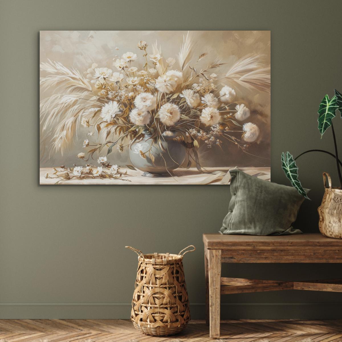 AKUSTIKBILD Blumen - Vase - Stilleben - Beige Wandbild Wohnzimmer 100x70 cm - Creme, Kunststoff (100/70/0.9cm) - MuchoWow