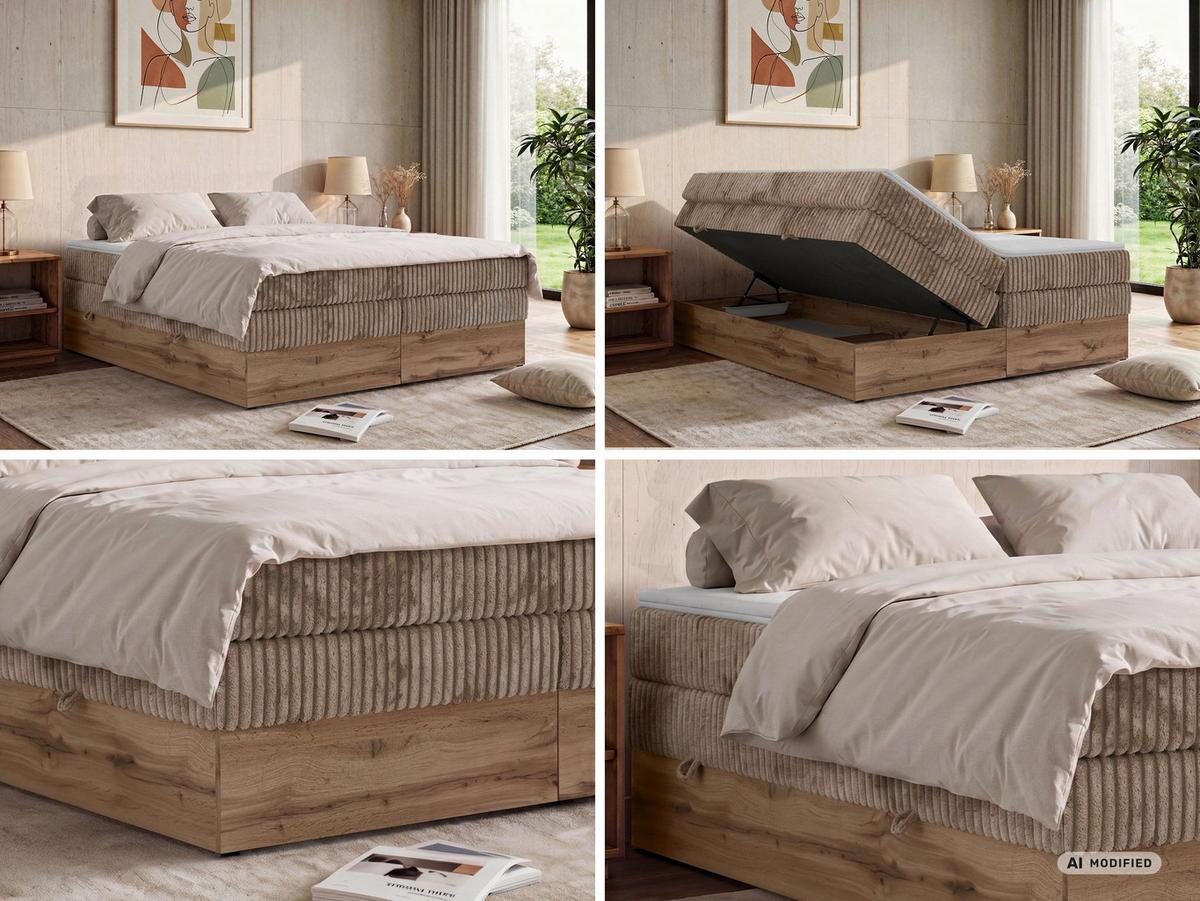 BOXSPRINGBETT WOOD ZERO KING 180/200 - Braun Cord - Topper T25 - H3 - Schwarz/Braun, Kunststoff/Textil (180/200cm) - MKS