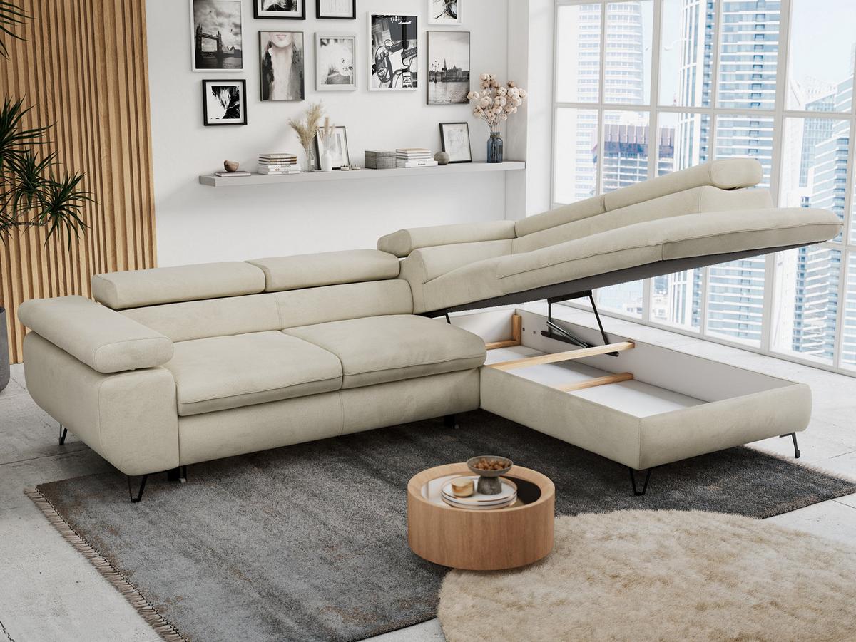 ECKSOFA PETER L Beige Velvet - Rechts Seite - Beige/Schwarz, Textil/Metall (273/208cm) - MKS
