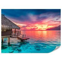 FOTOTAPETE für Wohnzimmer Sonnenuntergang Ozean Holzhütte 350x256 - Türkis/Blau, Papier (350/256cm) - Muralo