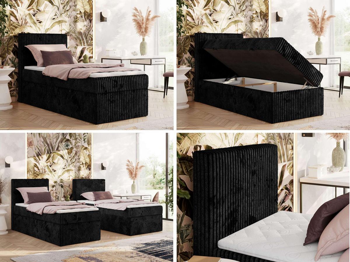 BOXBETT TILIANO 90/200 - Schwarz Cord - H3 - Links - Schwarz, Textil (90/200cm) - MKS