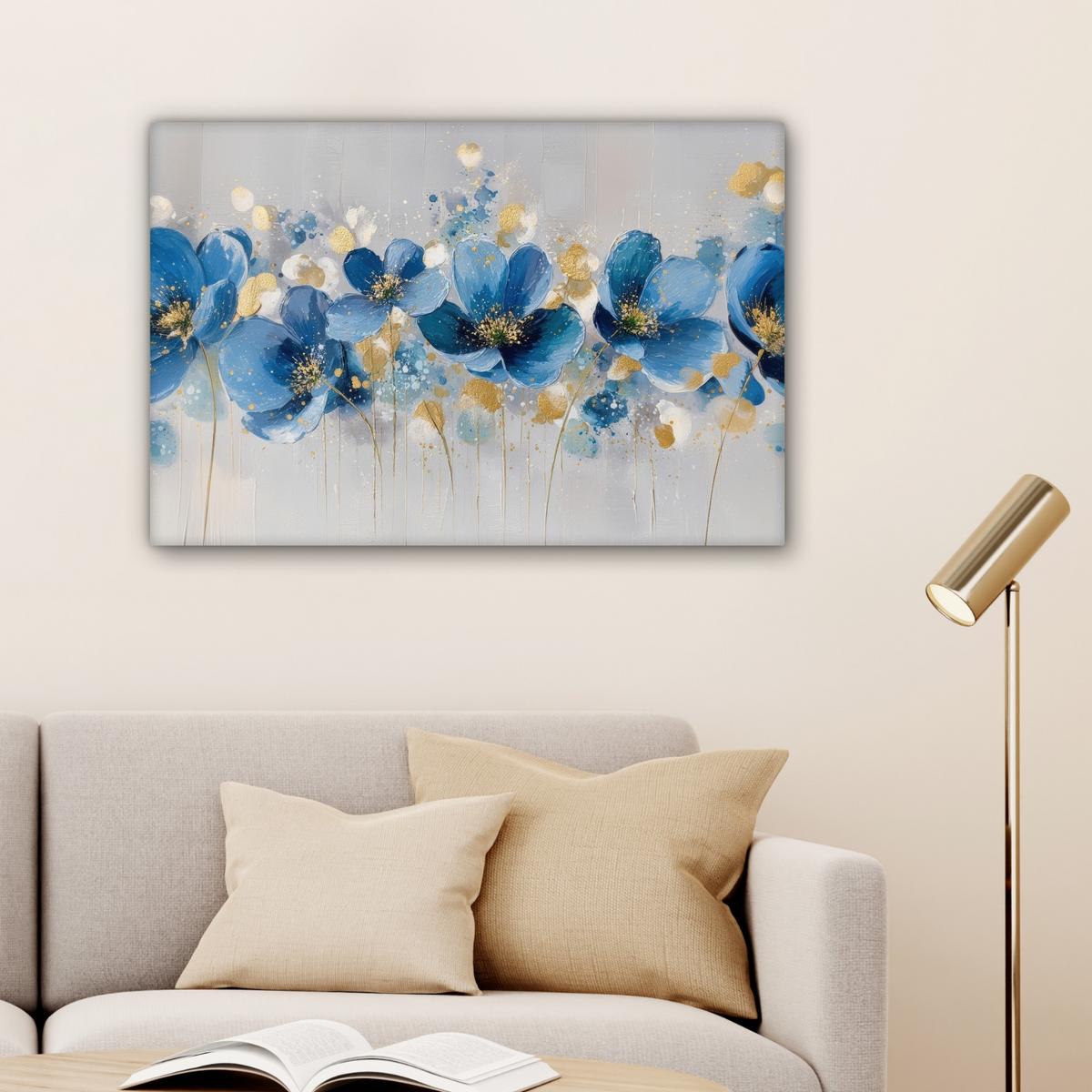 LEINWANDBILD Blumen - Blau - Abstrakt Gemälde 60x40 cm - Hellgrau, Textil (60/40cm) - MuchoWow