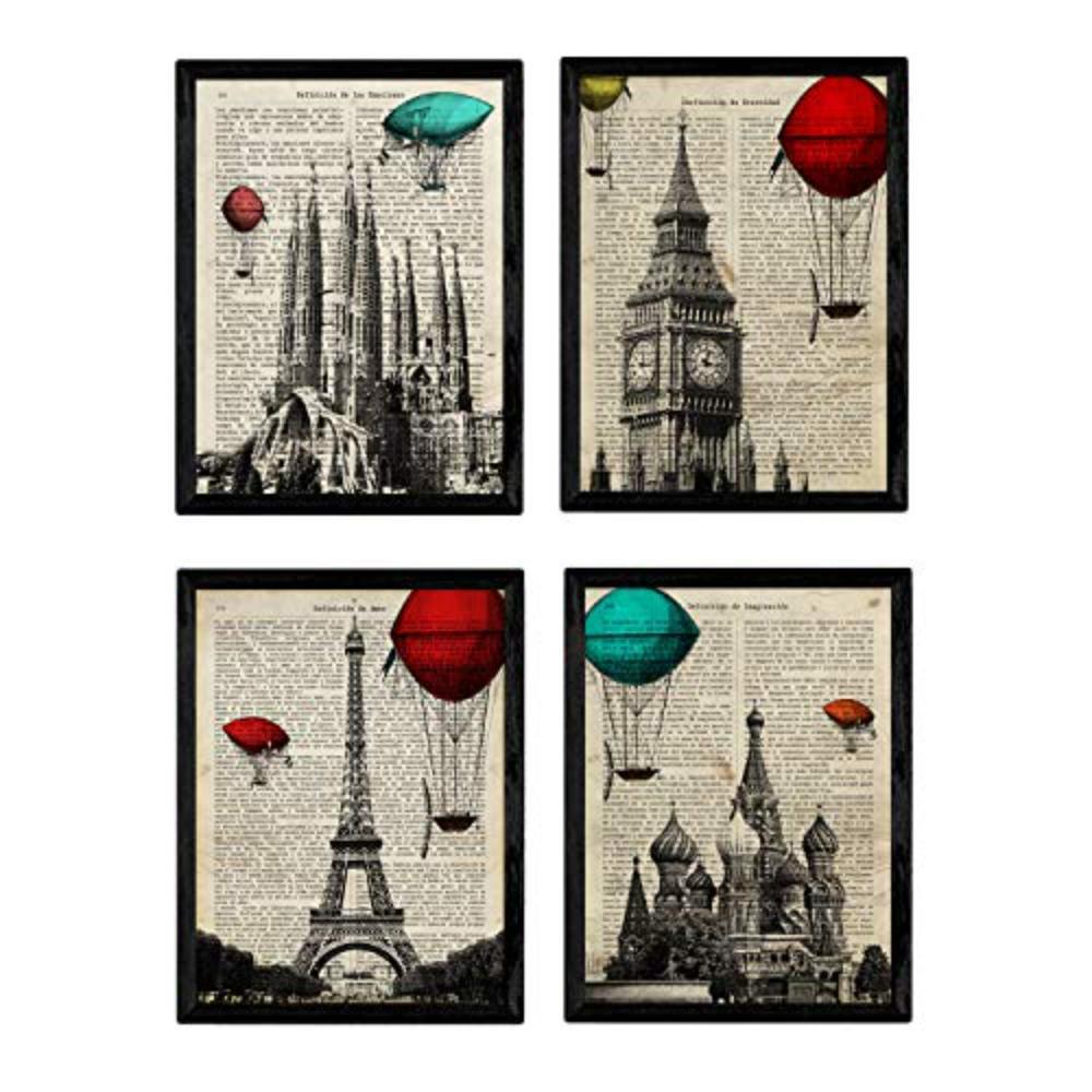 POSTER Set mit 4 Enzyklopädie Jahrgang London, Barcelona, Moskothek, Paris A4 Schwarzer Rahmen - Schwarz, Papier (29.7/3cm) - Nacnic