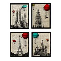 POSTER Set mit 4 Enzyklopädie Jahrgang London, Barcelona, Moskothek, Paris A4 Schwarzer Rahmen - Schwarz, Papier (29.7/3cm) - Nacnic