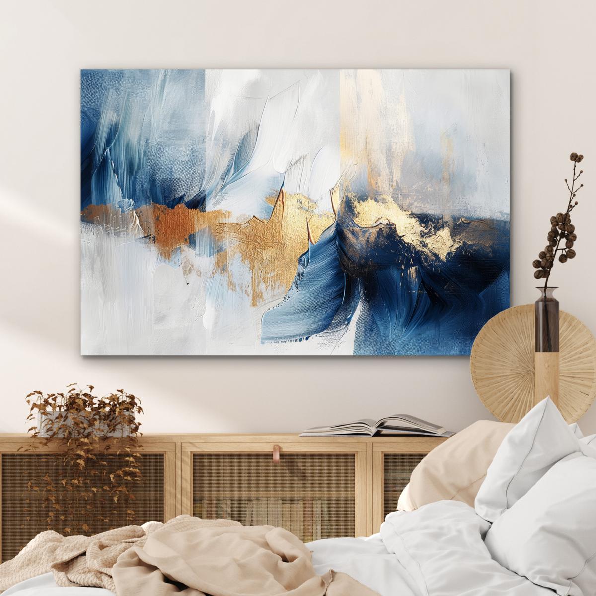 METALLBILD Gold - Blau - Aquarell - Kunst - Modern Deko Groß 120x80 cm - Hellblau, Metall (120/80cm) - MuchoWow
