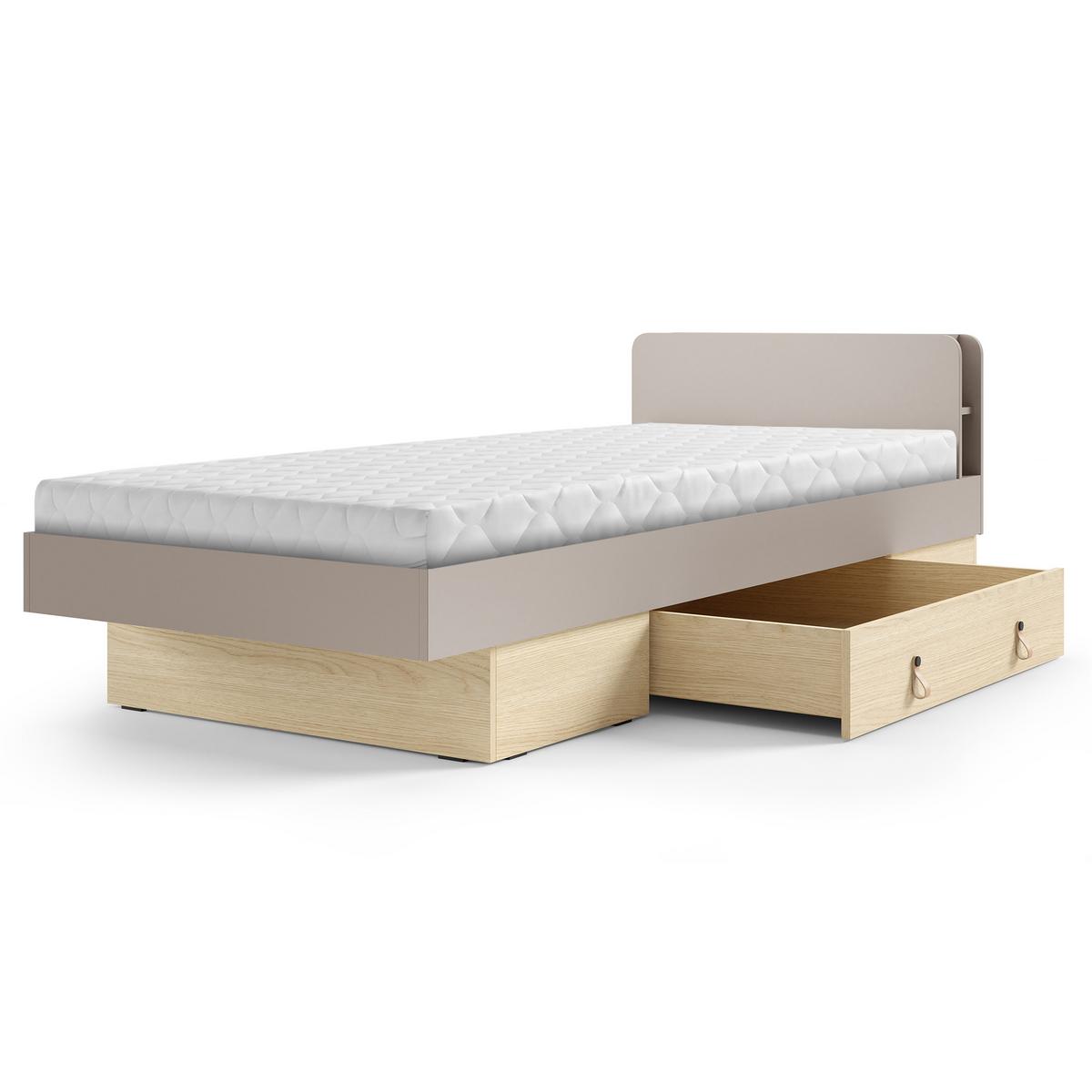 BETT Sorella 90x200 cm mit Lattenrost und Bettkasten-Schublade, ohne Matratze, Porcini + Eiche Mavelie - Eichefarben/Cappuccino, Leder/Holzwerkstoff (90/200cm) - Beautysofa