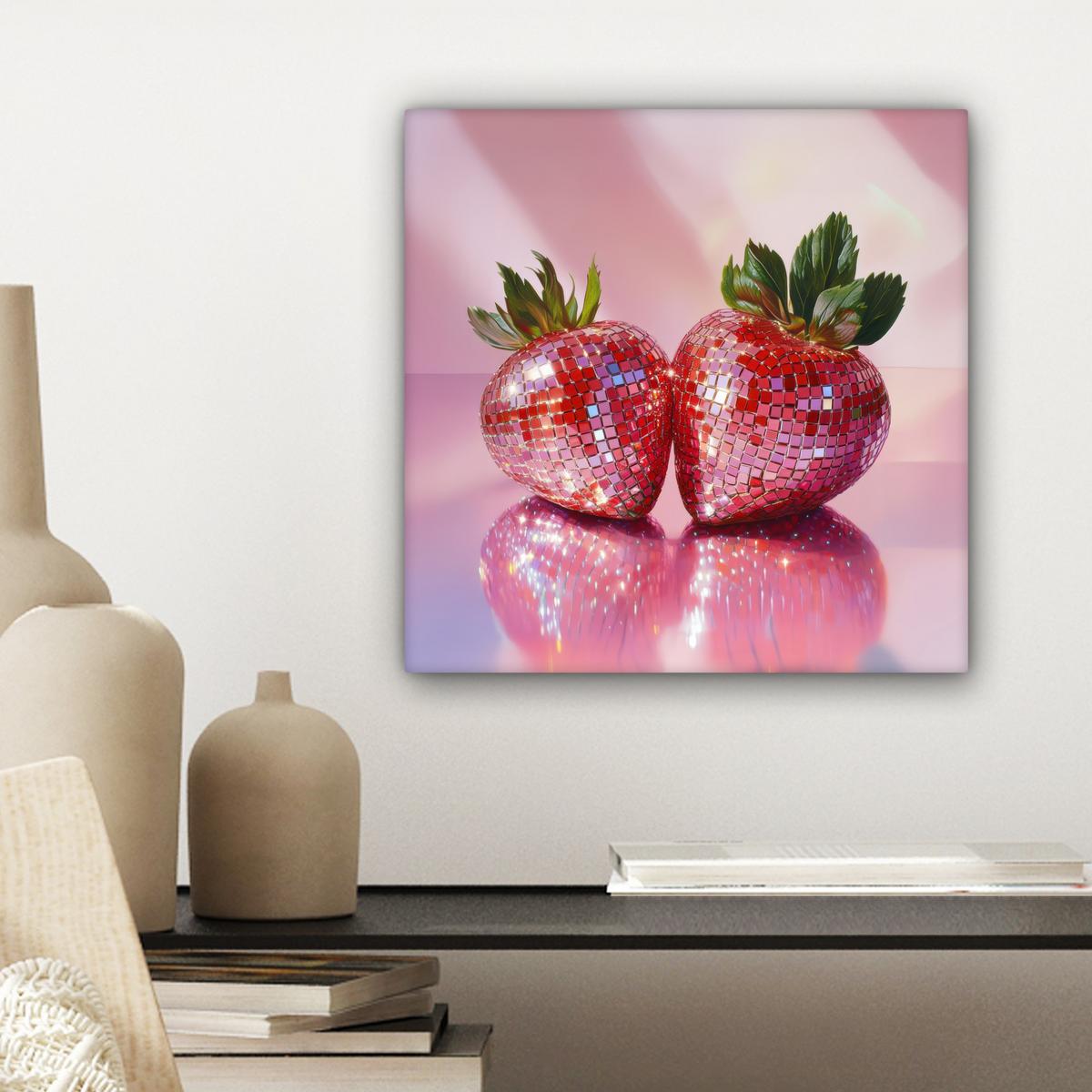 LEINWANDBILD Disco - Obst - Glitzer - Erdbeere Deko Wohnzimmer 20x20 cm - Pink, Textil (20/20cm) - MuchoWow