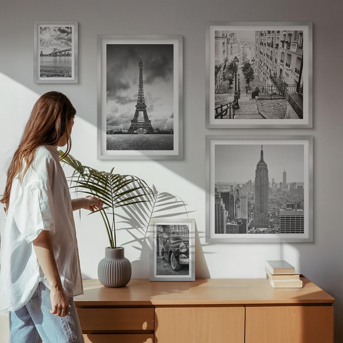 BILDER SET 5er Set - 50x50 cm & 20x30 cm & 40x60 cm Silberner Rahmen - Neonlinienwellen im Hintergrund - Silberfarben, Kunststoff (40/60cm) - TULUP