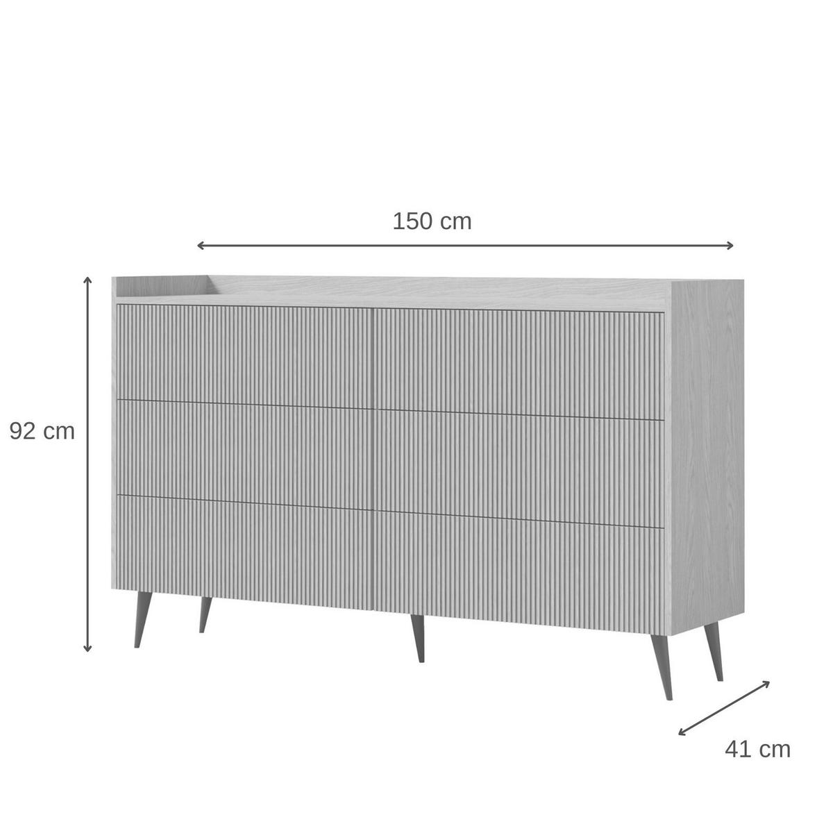 KOMMODE Amfali mit 6 Schubladen, geriffelte Fronten, Push-to-open, Metallbeine, 150 cm, Frühlings-Eiche - Eichefarben/Schwarz, Holzwerkstoff/Metall (150/92/41cm) - Beautysofa