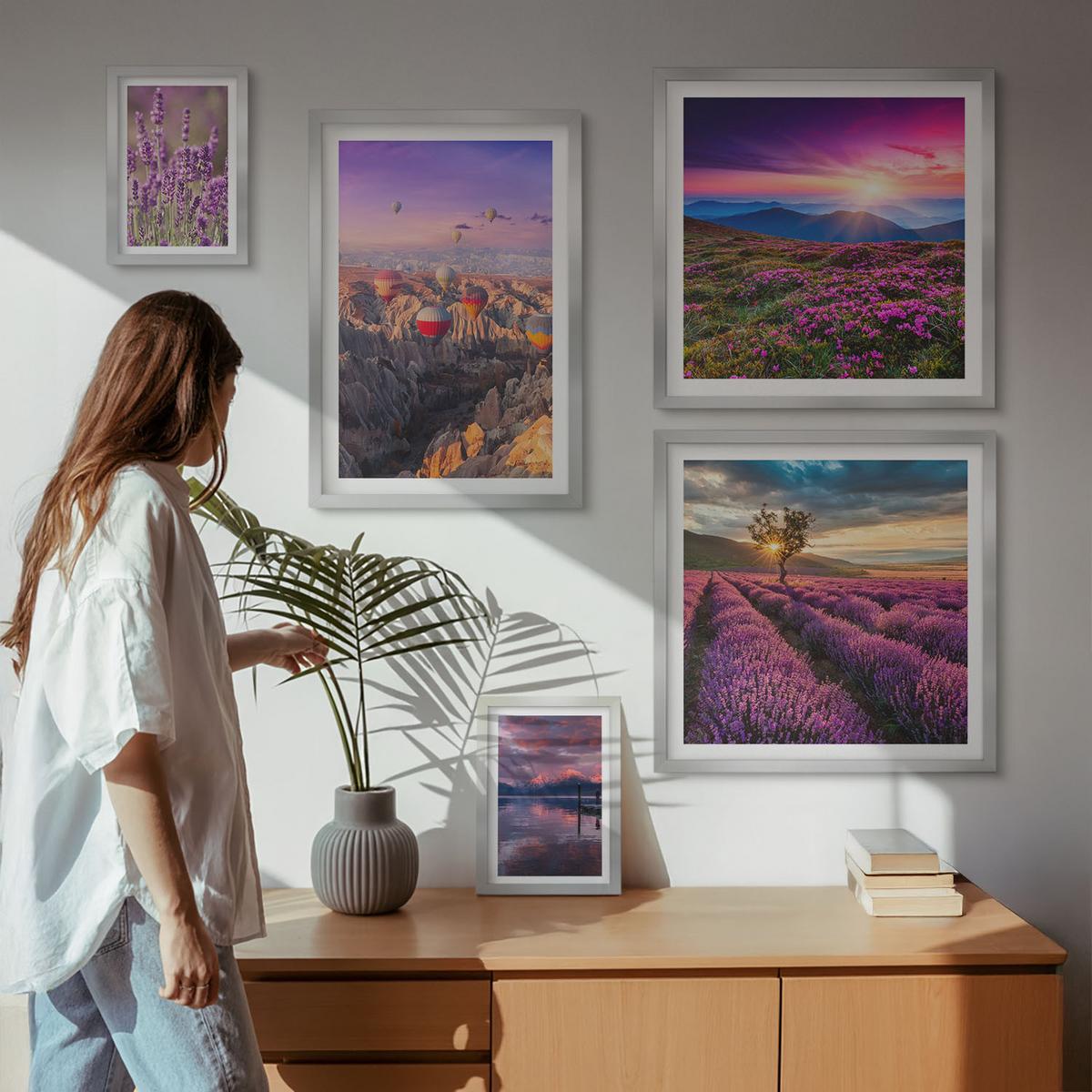 BILDER SET 5er Set - 50x50 cm & 20x30 cm & 40x60 cm Silberner Rahmen - Sonnenuntergang auf Lavendelfeldern - Silberfarben, Kunststoff (40/60cm) - TULUP