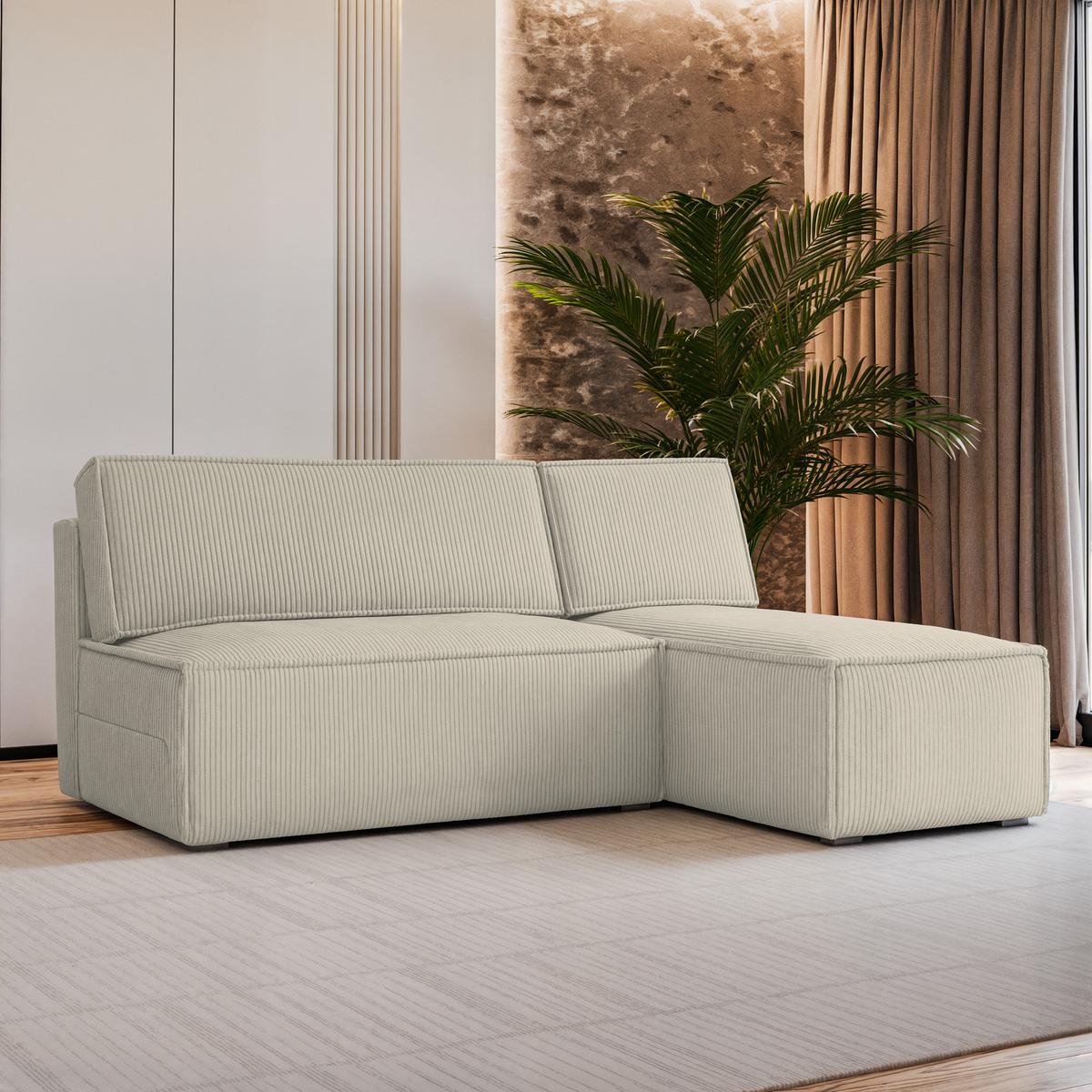 ECKSOFA BRISO P Creme Kordstoff mit Schlaffunktion - Creme/Grau, Holz/Kunststoff (200/140cm) - MASSENO