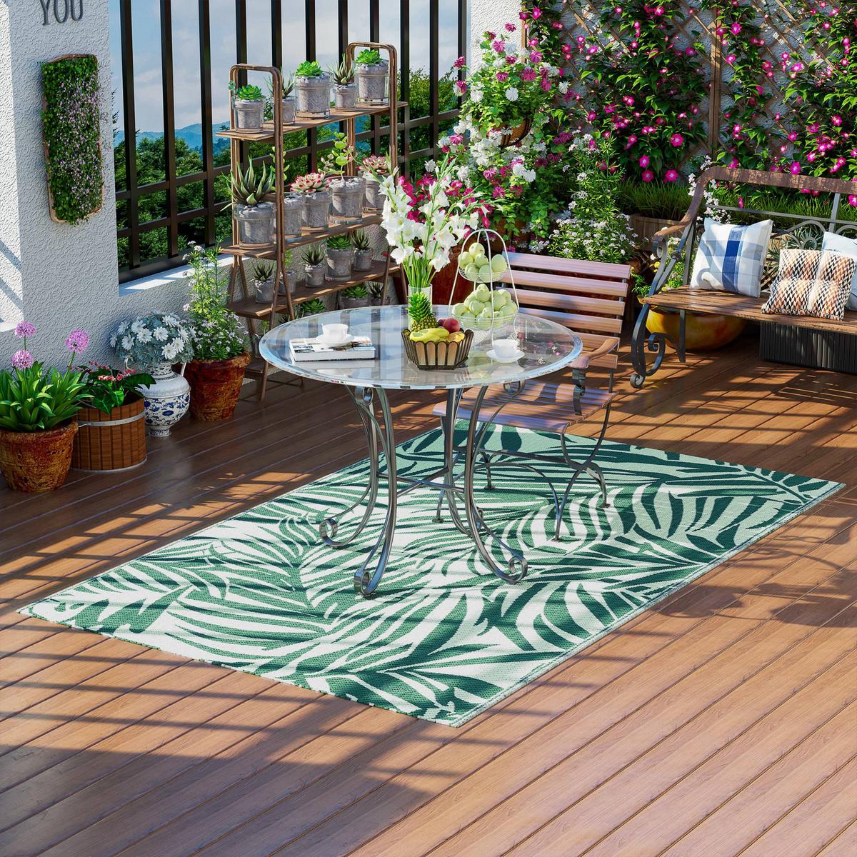 OUTDOOR Teppich Wendbares Wetterfest Outdoorteppich Carpet mit Blätter-Muster - Dunkelgrün, Kunststoff (243/152cm) - Outsunny