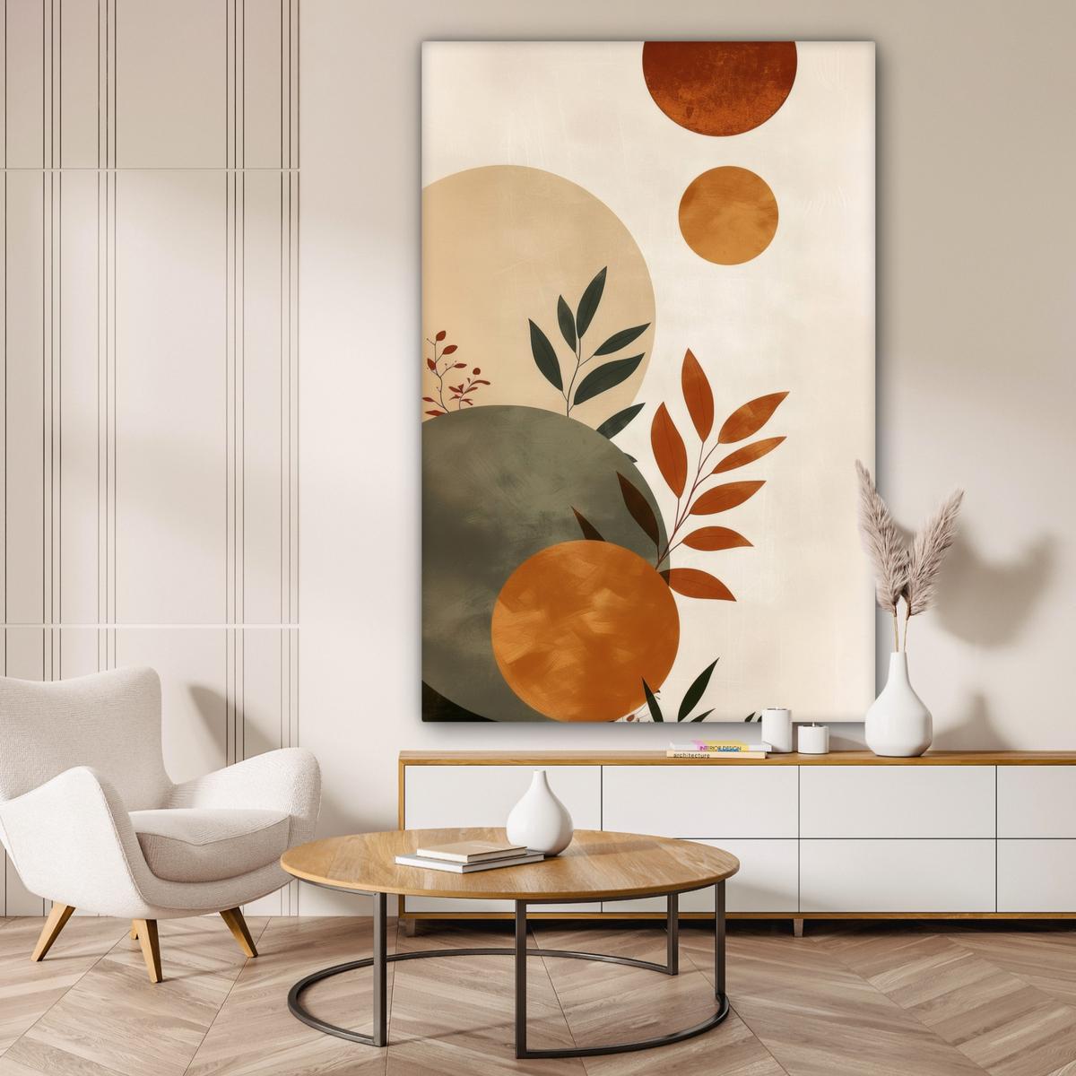 LEINWANDBILD Formen - Rund - Blätter - Beige Deko Groß 90x140 cm - Rostfarben, Textil (90/140cm) - MuchoWow
